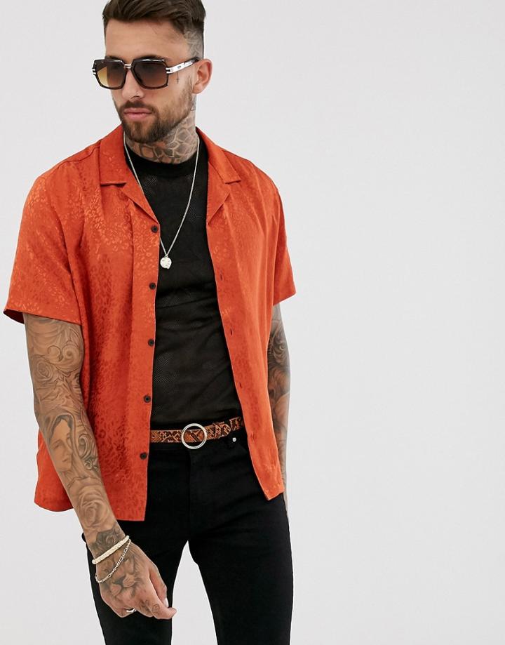 Asos Design Oversized Leopard Jacquard Shirt In Orange With Revere Collar