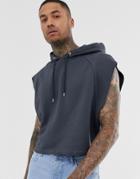 Asos Design Cropped Oversized Sleeveless Hoodie With Raw Edges In Washed Black - Black