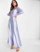 Asos Design Long Sleeve Satin Maxi Tea Dress With Gathered Waist And Shirred Cuffs In Heather Blue-blues