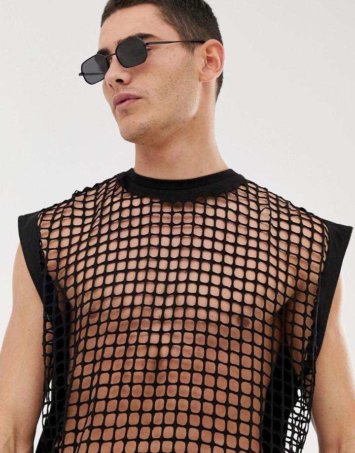 Asos Design Oversized Longline Sleeveless T-shirt In Open Square Mesh In Black - Black