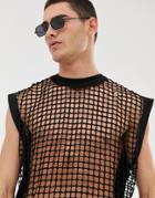Asos Design Oversized Longline Sleeveless T-shirt In Open Square Mesh In Black - Black