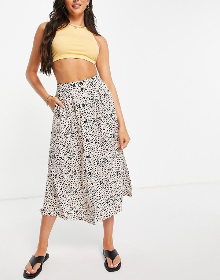 Asos Design Button Through Midi Skirt With Deep Pocket Detail In Animal Print-multi