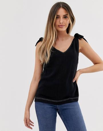 Asos Design Tank With Tie Shoulder With Contrast Stitching-black