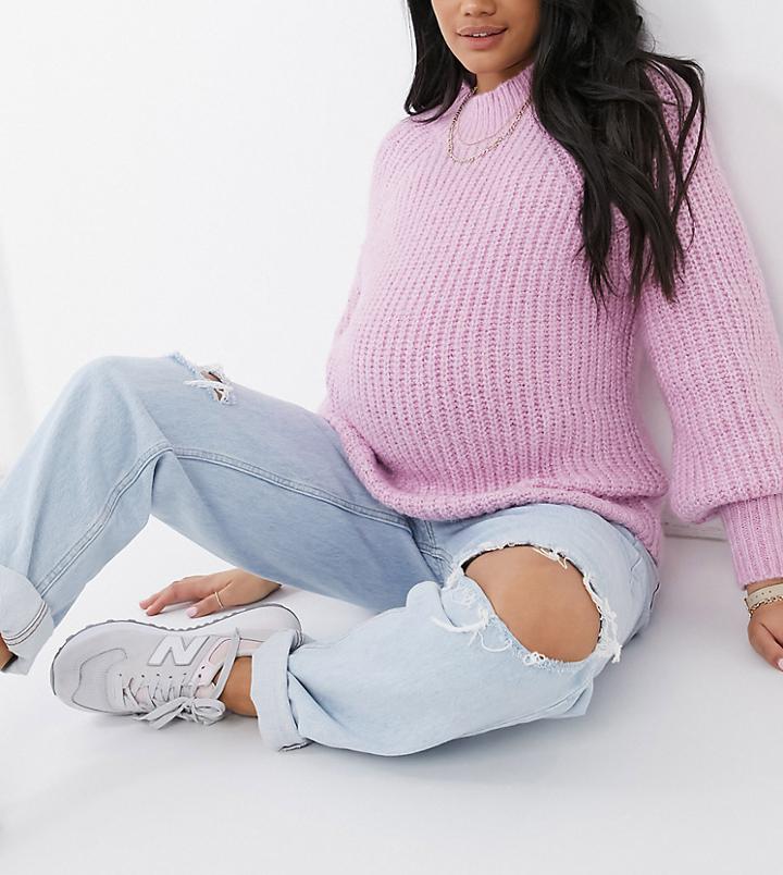 Pieces Maternity Chunky Knit Sweater With Volume Sleeve In Pastel Pink