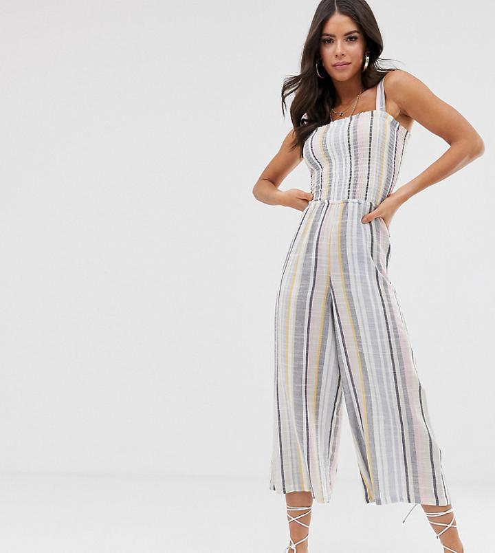 New Look Tall Shirred Jumpsuit In Multi Stripe - Multi