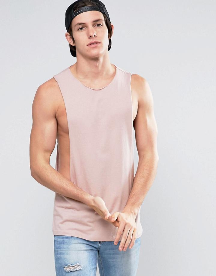 Asos Sleeveless T-shirt With Extreme Dropped Armhole And Raw Edge - Pink