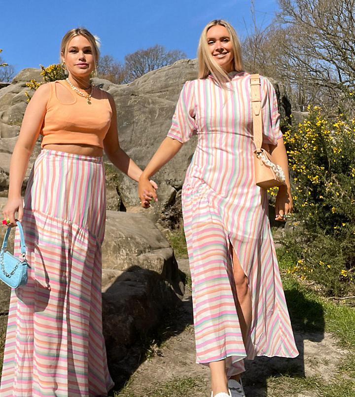 Labelrail X Olivia & Alice Maxi Dress With Split Skirt Detail In Bright Stripe-pink