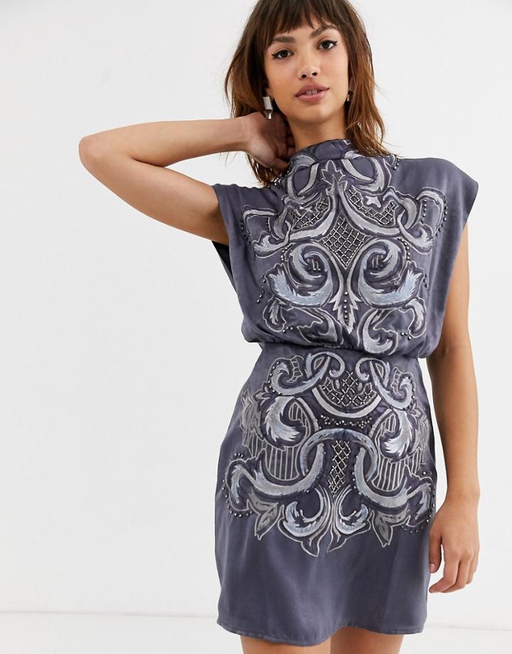 Asos Design High Neck Embroidered Mini Dress In Satin-navy
