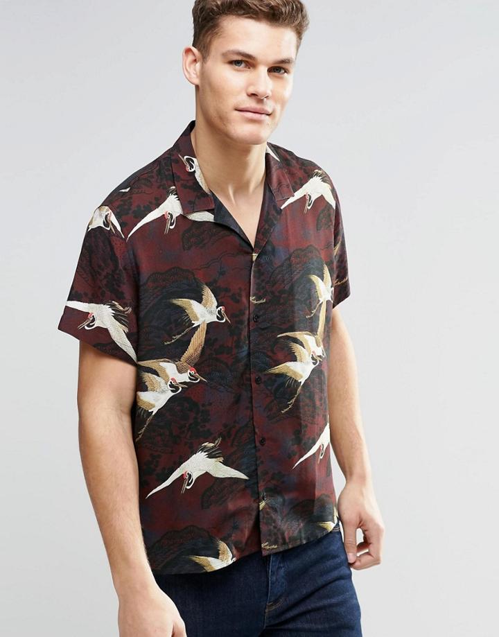 Asos Floral Bird Shirt With Revere Collar In Regular Fit - Burgundy