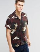 Asos Floral Bird Shirt With Revere Collar In Regular Fit - Burgundy