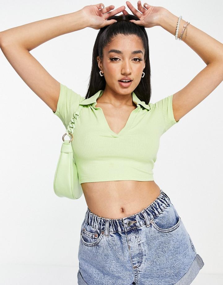 Monki Short Sleeve Collared Polo Top In Lime Green