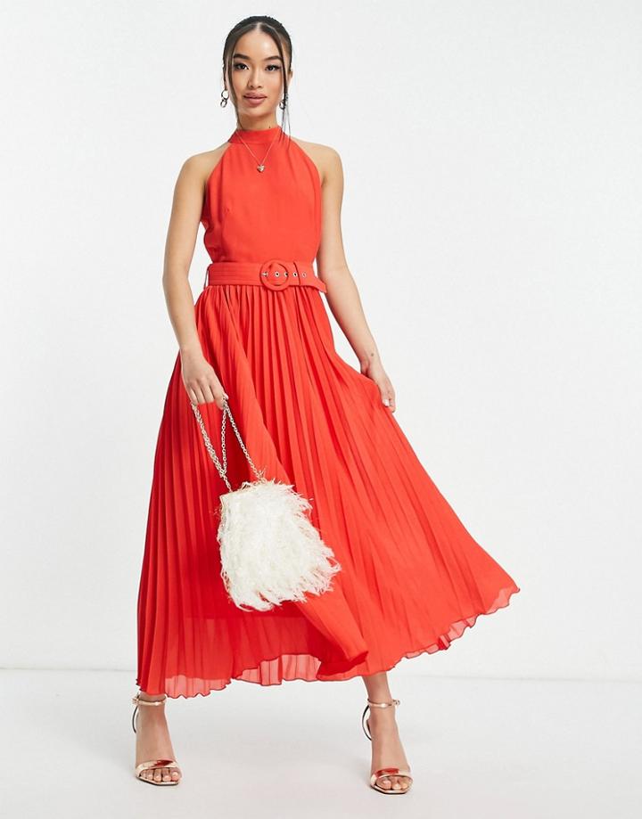 Style Cheat High Neck Pleated Midaxi Dress In Red