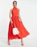 Style Cheat High Neck Pleated Midaxi Dress In Red