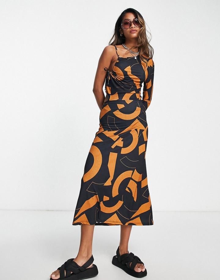 Asos Design One Shoulder Cut Out Detail Midi Dress In Navy And Orange Geo Print