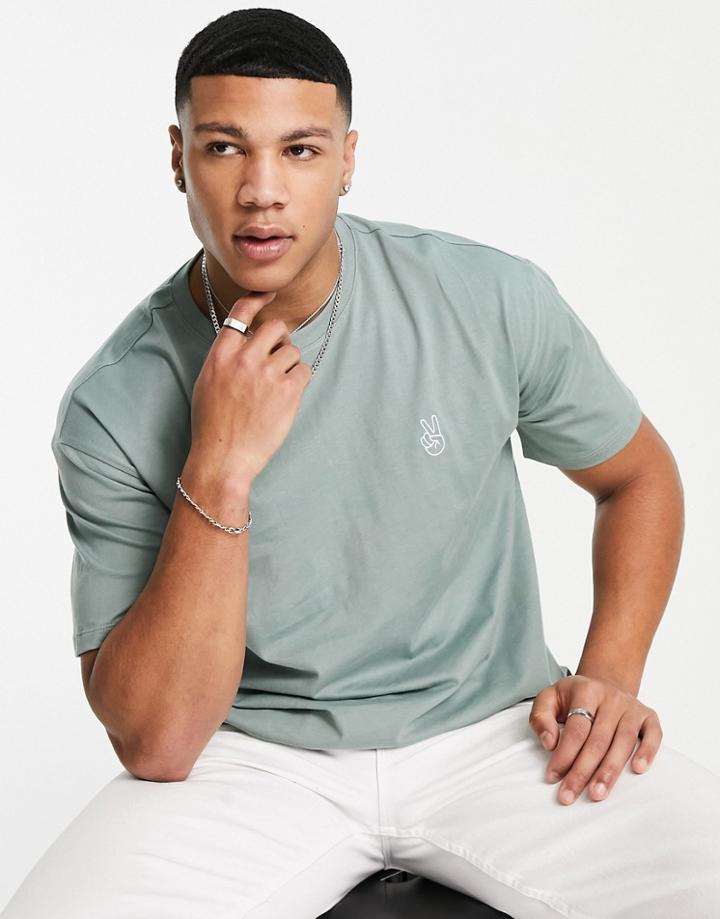 New Look Oversized T-shirt With Peace Sign Embroidery In Light Khaki-green