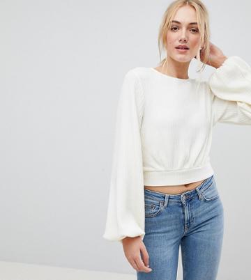 Fashion Union Tall Bishop Sleeve Cropped Knitted Sweater - White