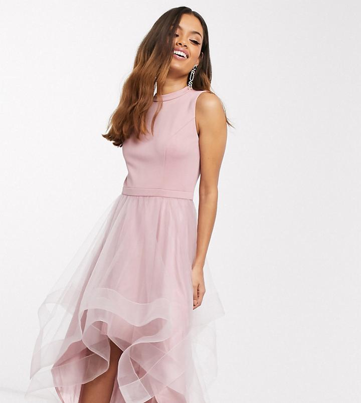 Chi Chi London Petite High Low Organza Prom Dress In Mink-multi