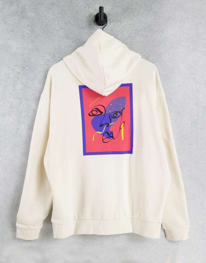 Asos Design Oversized Hoodie In Beige With Abstract Line Drawing Back Print-neutral