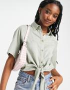 Asos Design Linen Short Sleeve Shirt With Tie Front In Washed Khaki-no Color