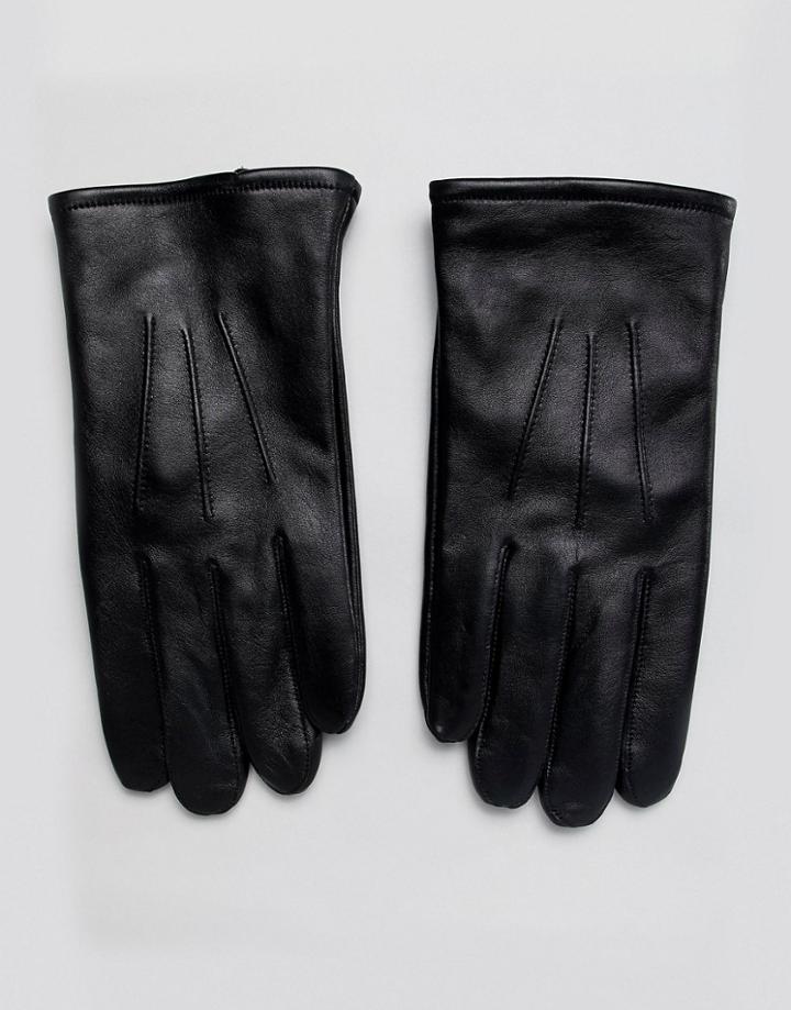 Asos Design Leather Gloves In Black With Touchscreen - Black
