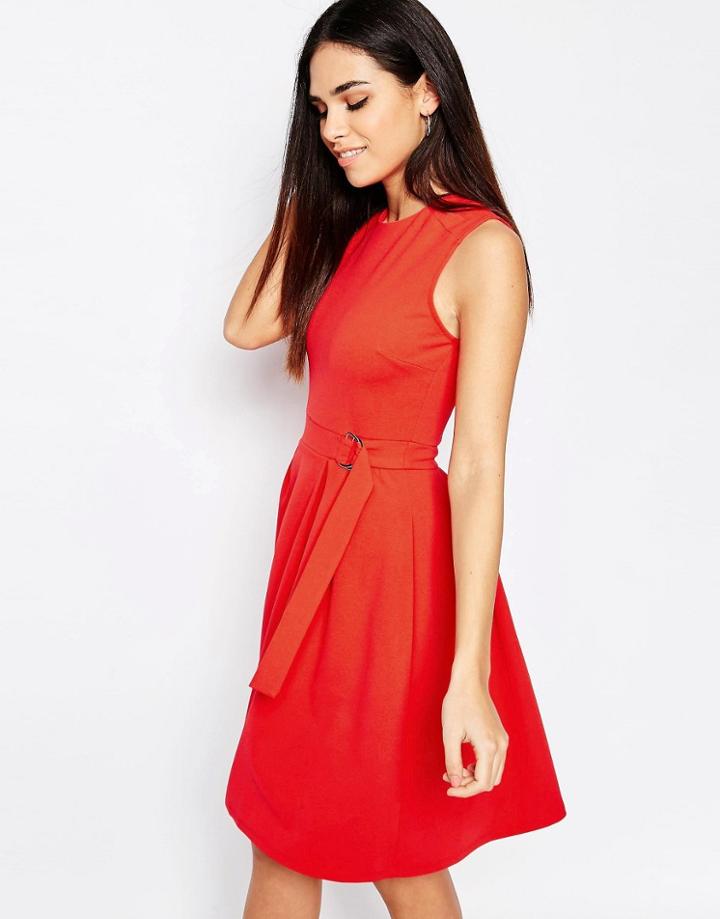 Warehouse Stepped Hem Belted Dress - Red