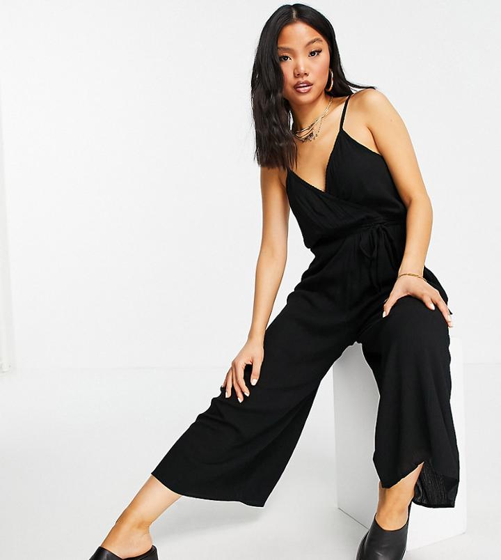 Asos Design Petite Wrap Front Cami Culotte Trim Jumpsuit In Black