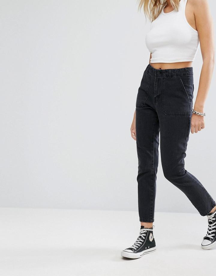 Noisy May Crop Loose Jeans With Flat Pocket Detail - Black