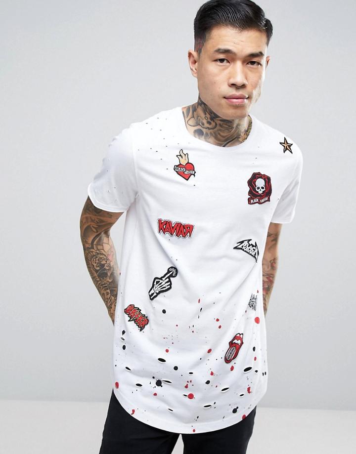 Black Kaviar Longline T-shirt With Distressing And Patches - White