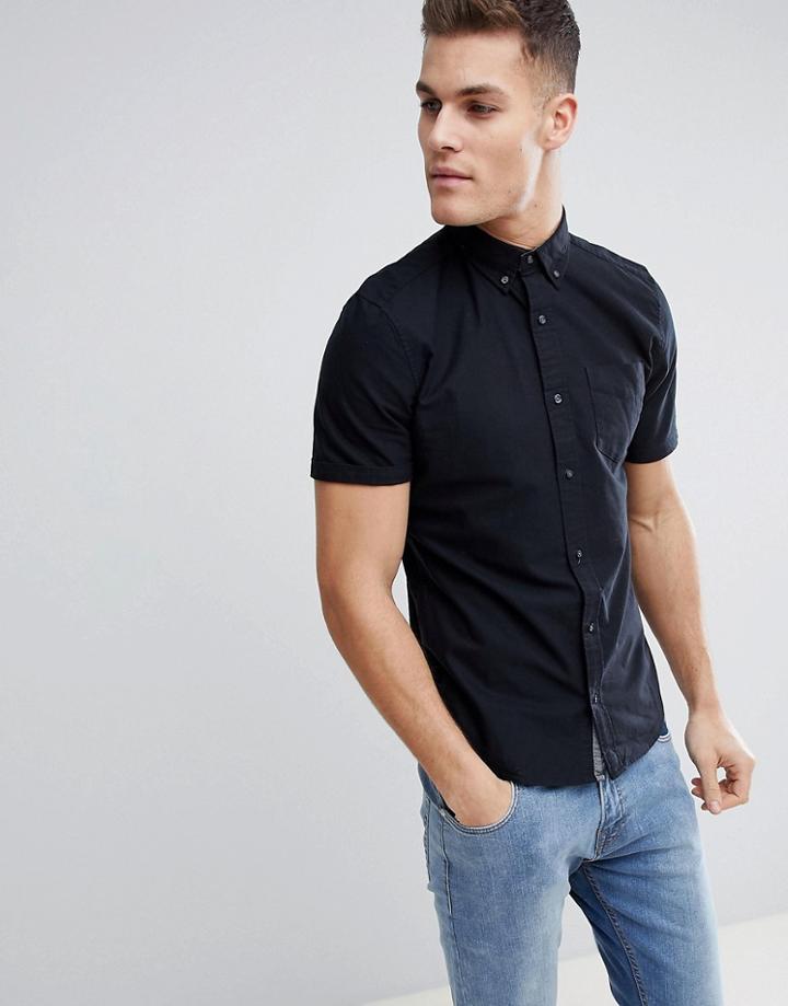 Next Regular Fit Short Sleeve Oxford Shirt In Black - Black