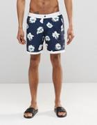 Asos Swim Shorts With Fixed Waistband In Floral Print In Mid Length - Navy