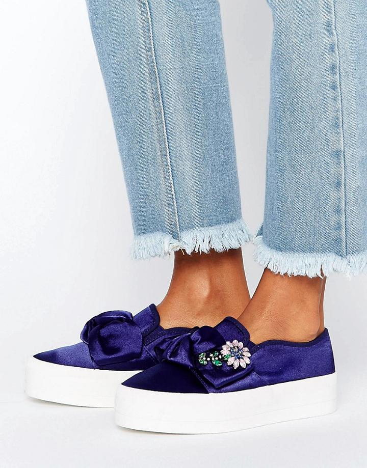 Asos Deni Bow Embellished Flatform Sneakers - Navy