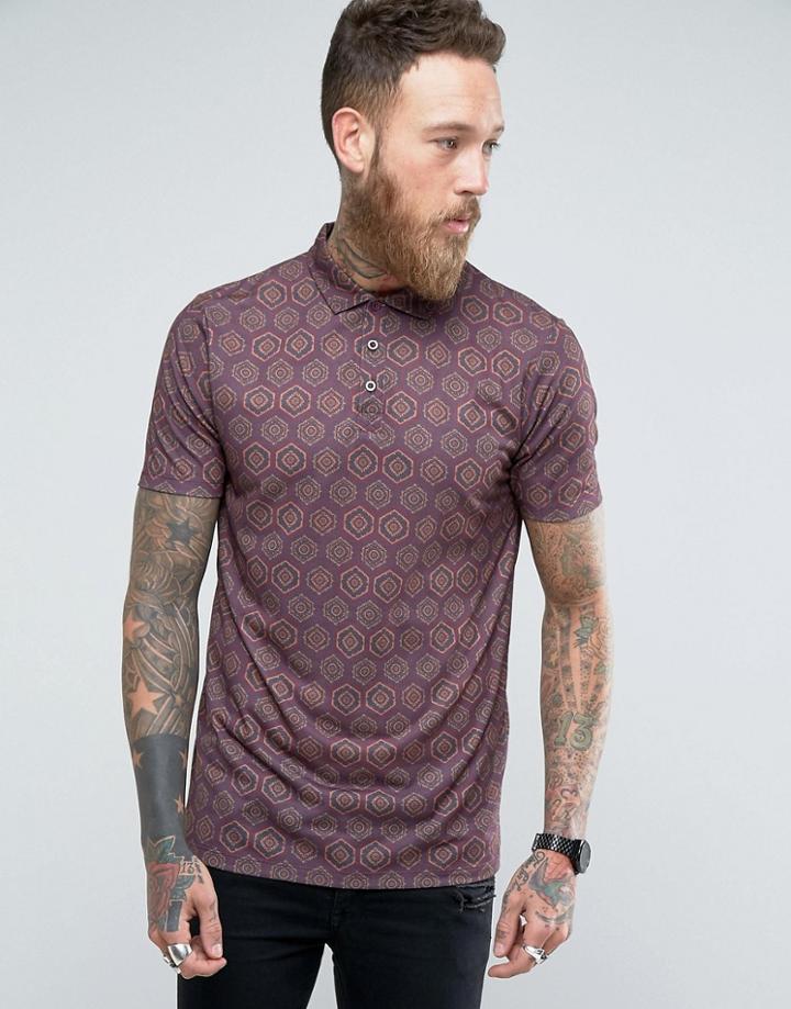 Asos Polo Shirt In All Over Retro Print - Red