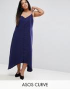Asos Curve Midi Button Through Sun Dress With Dipped Hem - Navy