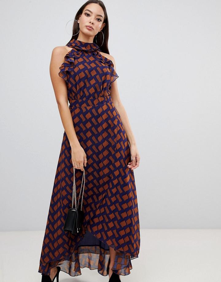 Prettylittlething Geo Print Frill Detail Maxi Dress In Multi - Multi