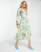 Asos Design Satin Button Through Midi Tea Dress With Fluted Sleeves In Green Floral Print-multi