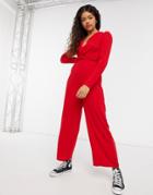 Asos Design Twist Front Jumpsuit With Long Sleeves-red