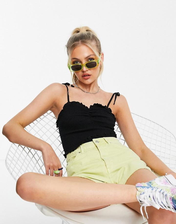 New Look Shirred Tie Strap Cami In Black