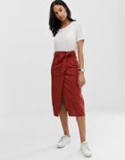 Asos Design Linen Column Wrap Skirt - Red