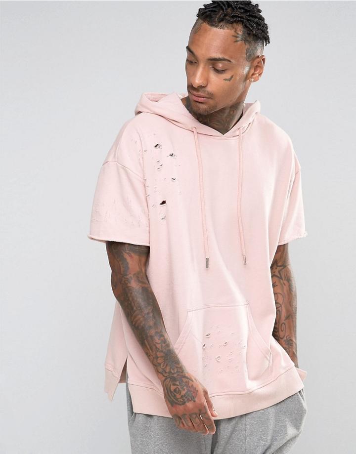 Sixth June Distressed Hoodie With Short Sleeves - Pink