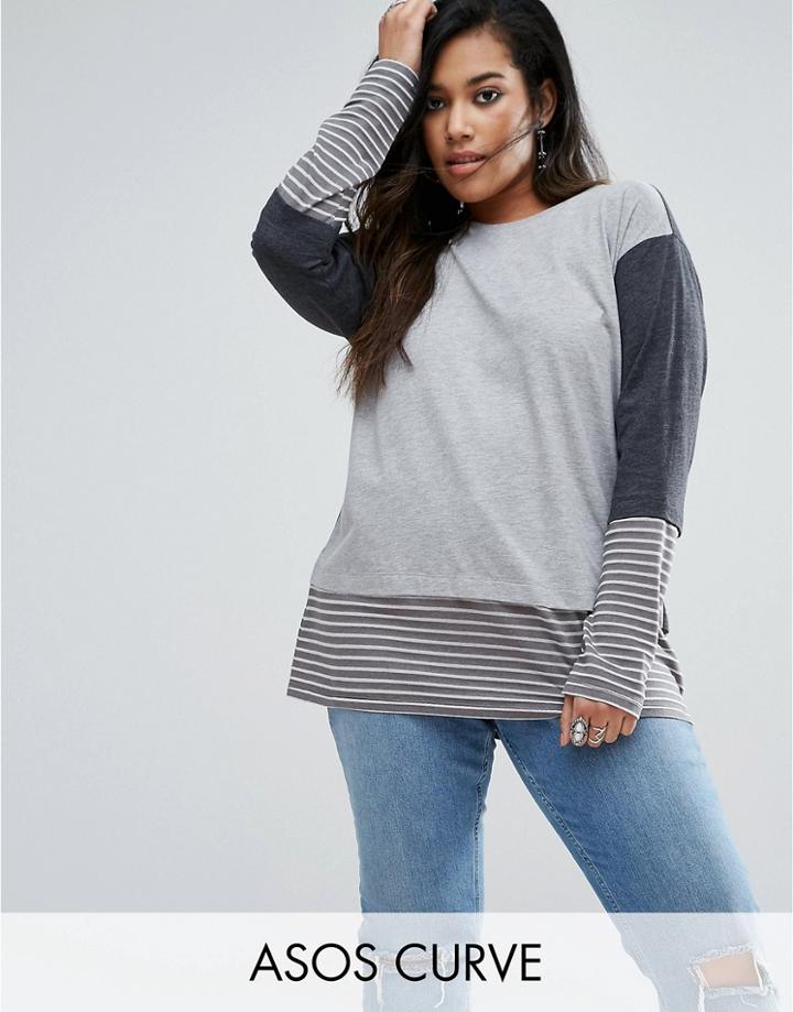 Asos Curve T-shirt In Washed Stripe And Panel Detail - Multi