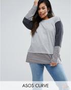 Asos Curve T-shirt In Washed Stripe And Panel Detail - Multi