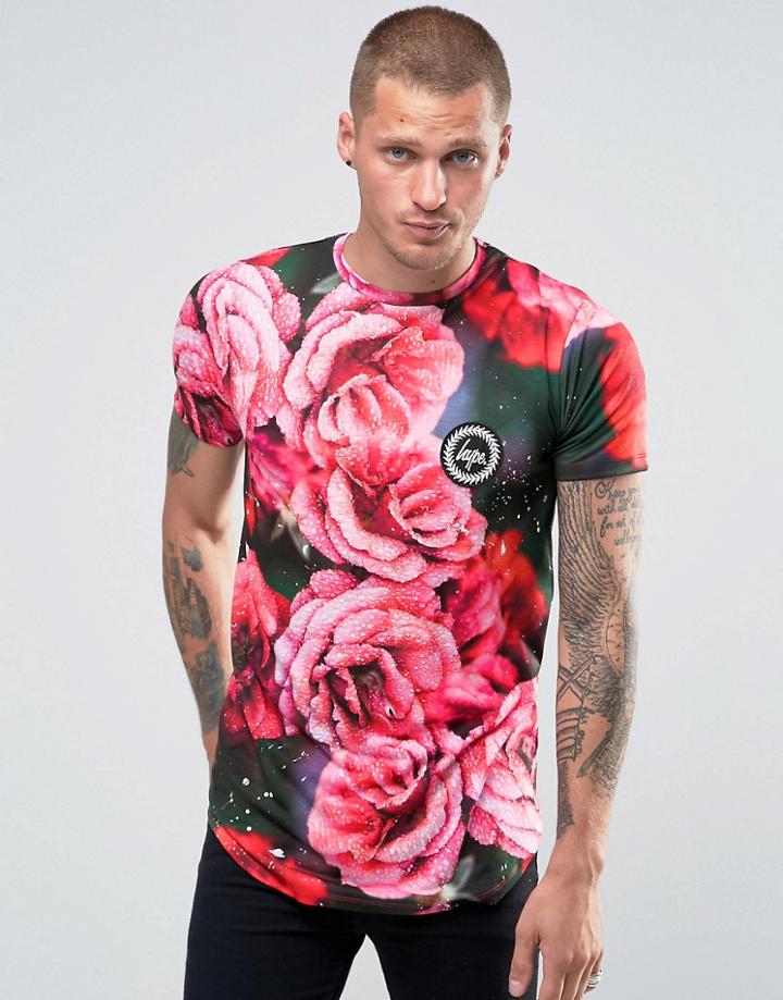 Hype T-shirt With Floral Print And Paint Splatter - Black