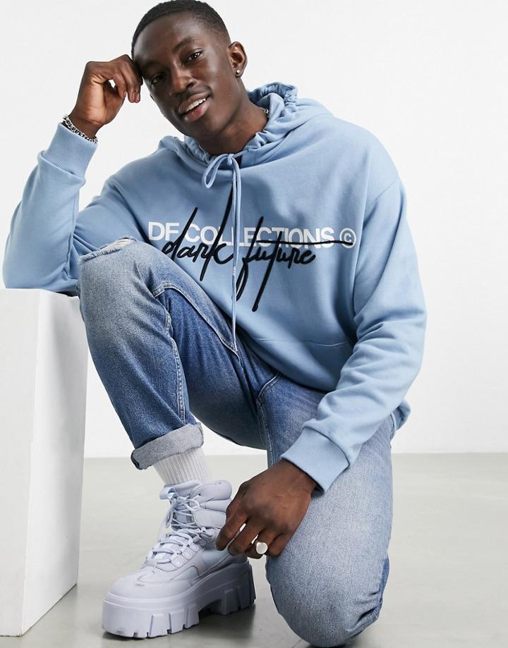 Asos Dark Future Oversized Hoodie With Print And Embroidery In Soft Blue-blues
