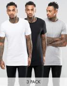 Asos 3 Pack Longline Muscle T-shirt Save 17% In White/black/gray Marl