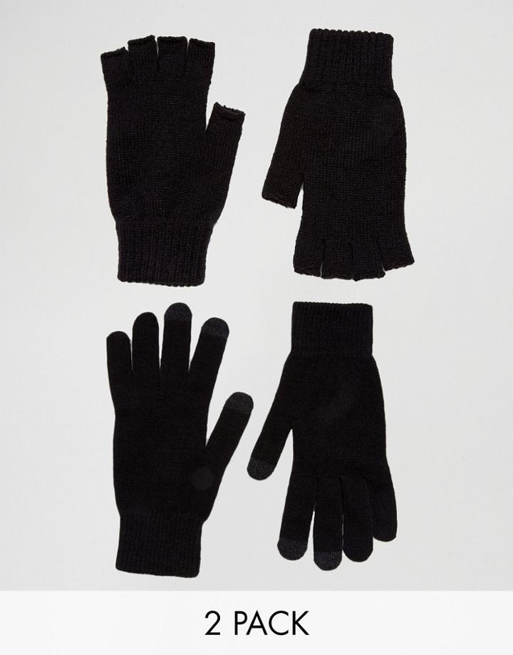 Asos 2 Pack Fingerless And Touchscreen Gloves In Black Save - Black