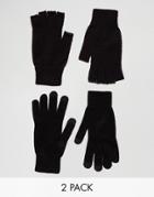 Asos 2 Pack Fingerless And Touchscreen Gloves In Black Save - Black