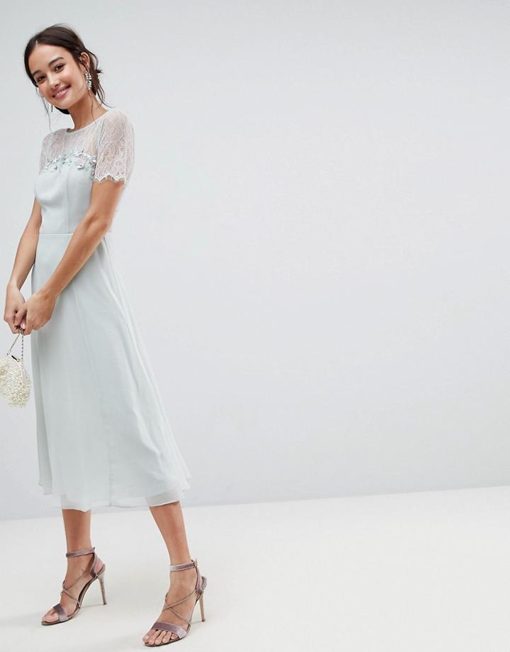Asos Lace Insert Midi Dress With Floral Embellished Trim - Green