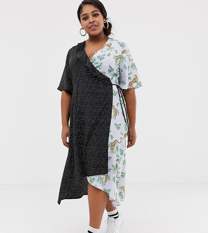 Neon Rose Plus Midi Wrap Dress In Leopard Mix Print - Blue