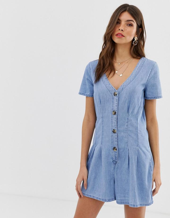 Vila Button Through Denim Romper - Blue