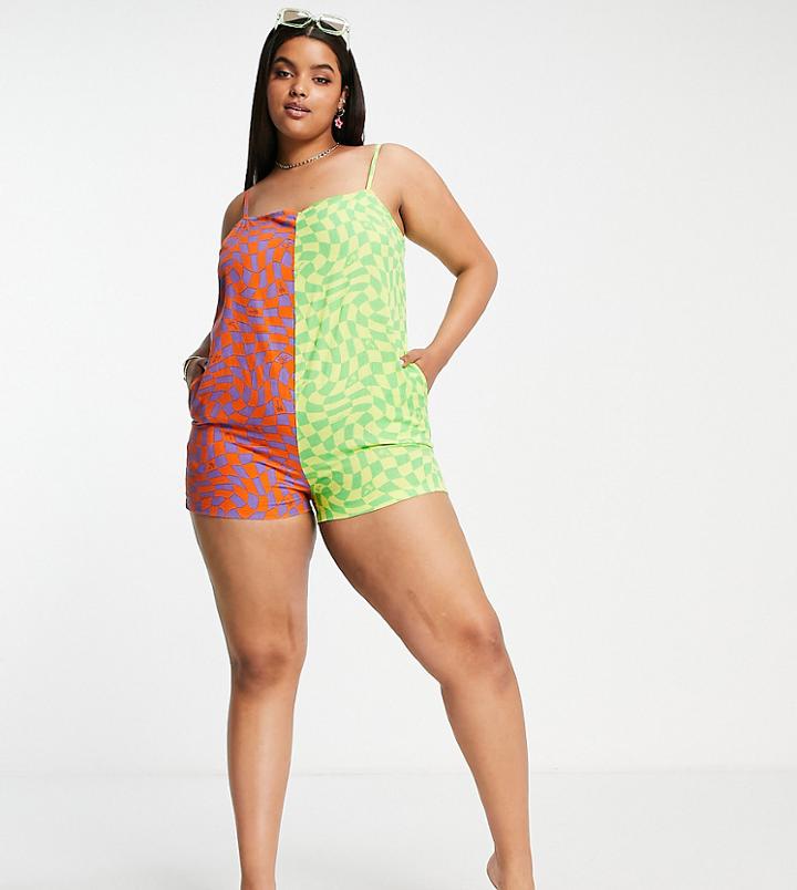 Collusion Plus Checkerboard Palm Print Beach Romper In Multi